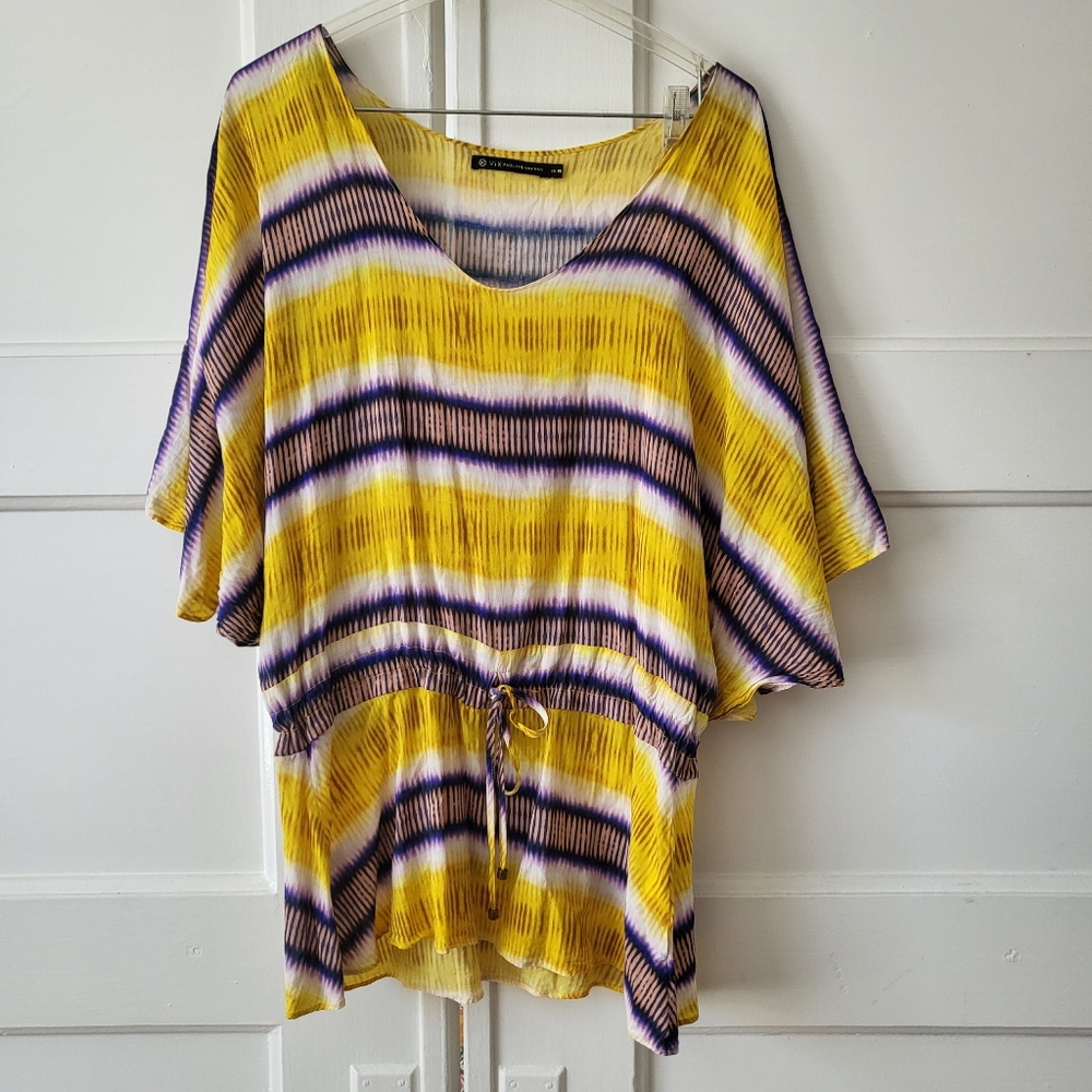ViX PAULA HERMANNY Yellow Purple Striped Tie Dye Swim Coverup Drawstring XS